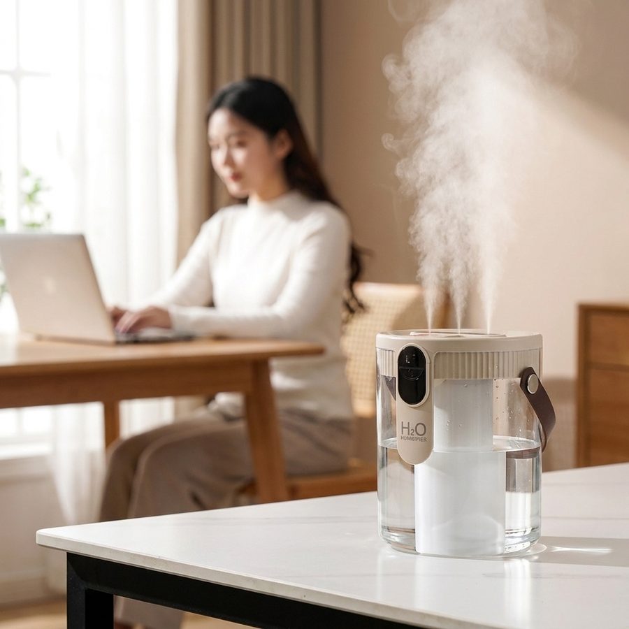 AERA Mist on a desk beside someone working on a laptop