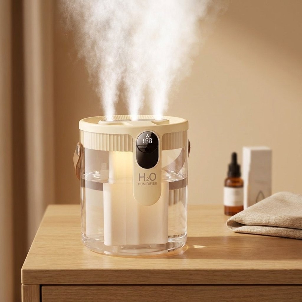 AERA Mist releasing three mist streams on a bright bedside table