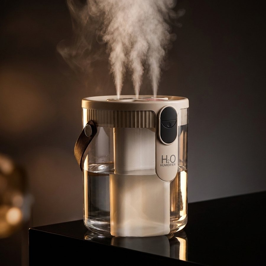 AERA Mist humidifier glowing softly as it releases mist in a warm, dim room